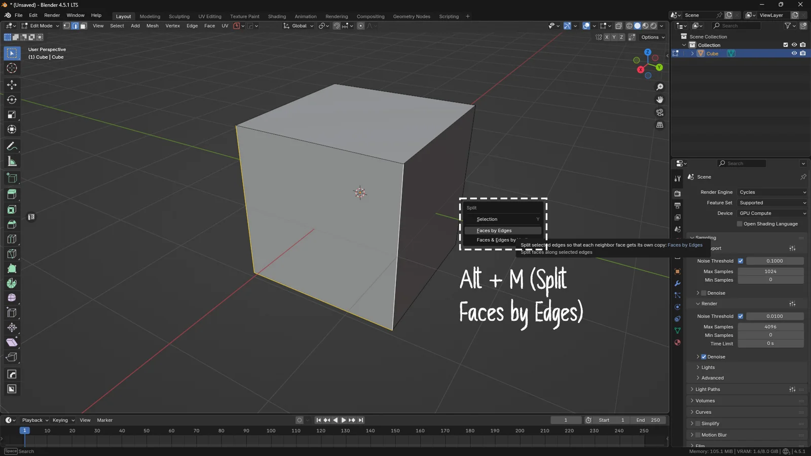 Blender 4.5 interface in Edit Mode showing the Alt M shortcut menu to activate the Split Faces by Edges tool on a 3D cube.
