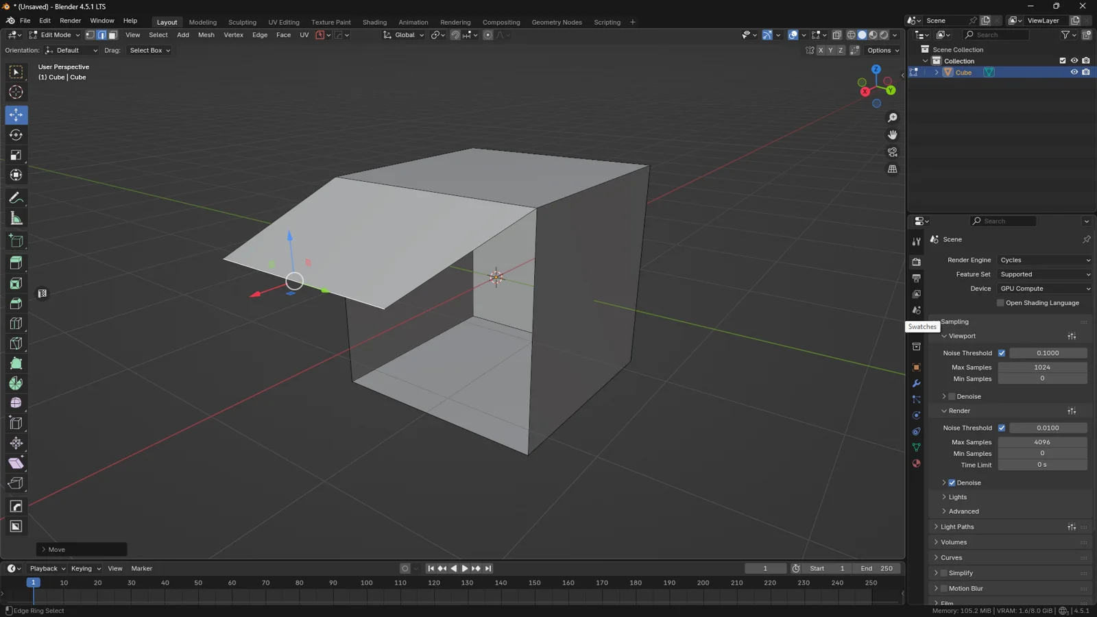 3D cube in Blender 4.5 Edit Mode showing the top face lifted, demonstrating the result of the Split Faces by Edges operation.