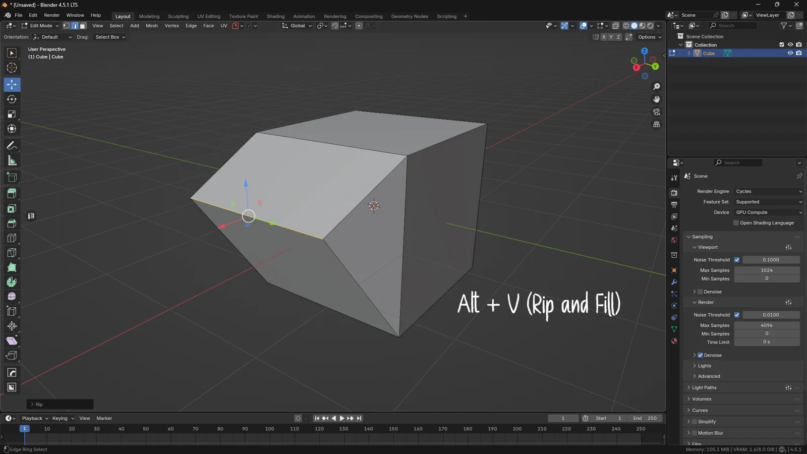 3D cube in Blender 4.5 Edit Mode demonstrating the Rip and Fill tool, showing an edge pulled outward to generate new connecting faces using the Alt V shortcut.