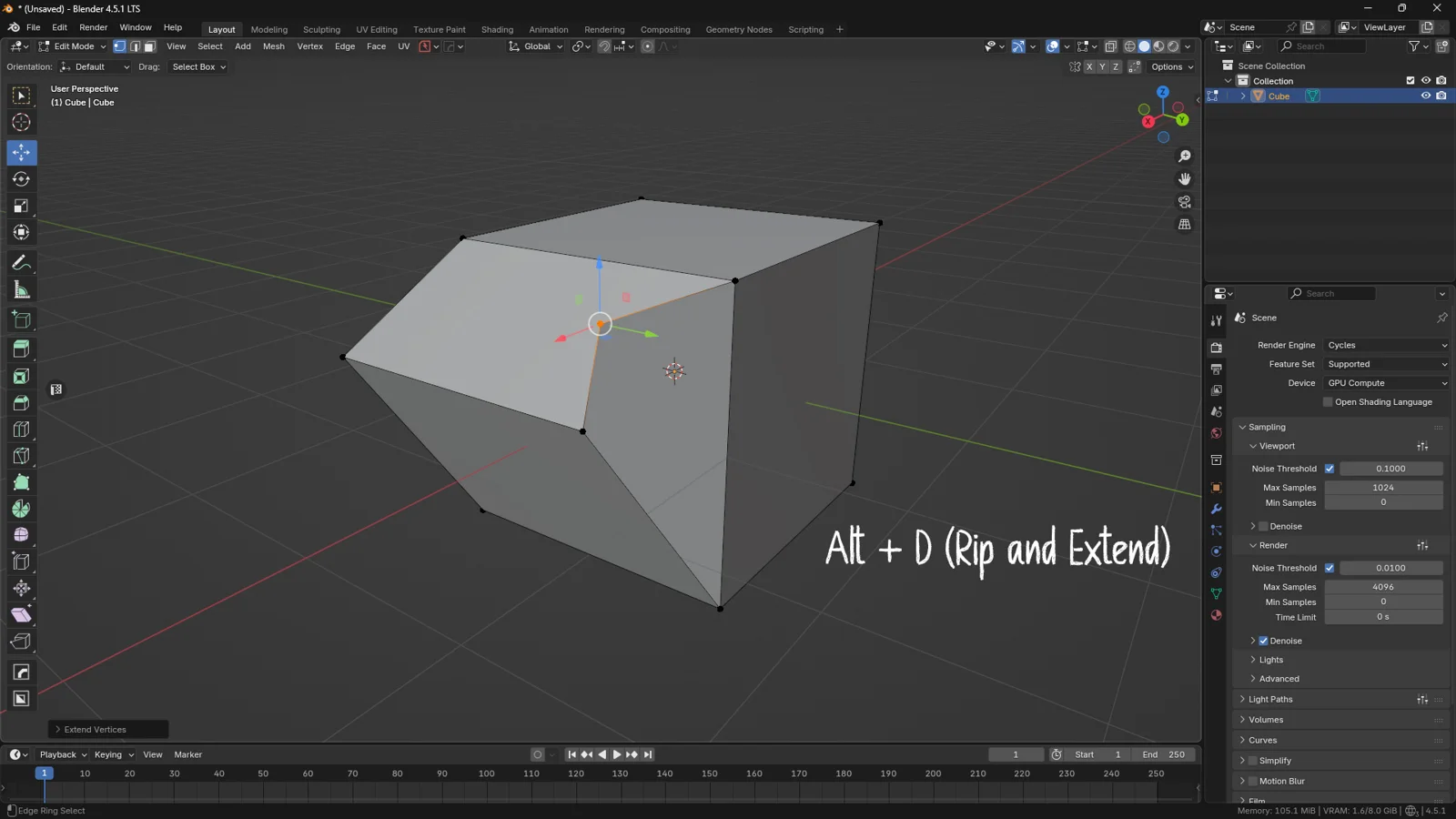 Blender 4.5 Edit Mode showing a vertex being duplicated and slid along an adjacent edge using the Rip and Extend tool with the Alt D shortcut.