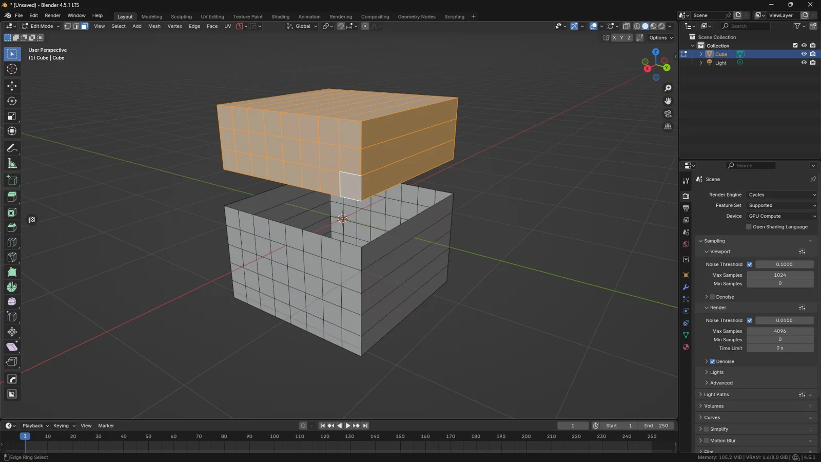3D cube in Blender 4.5 Edit Mode showing the top half physically separated and translated upwards, illustrating the result of the Mesh Split command.