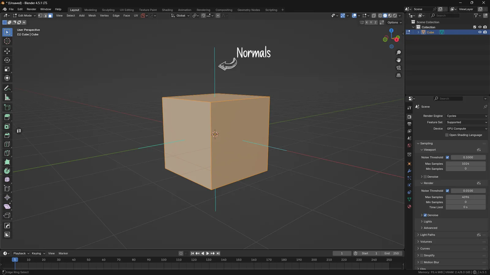 Blender-3D-Face-Normals-Visualization Blender 3D cube showing face normals direction used for lighting and shading calculations