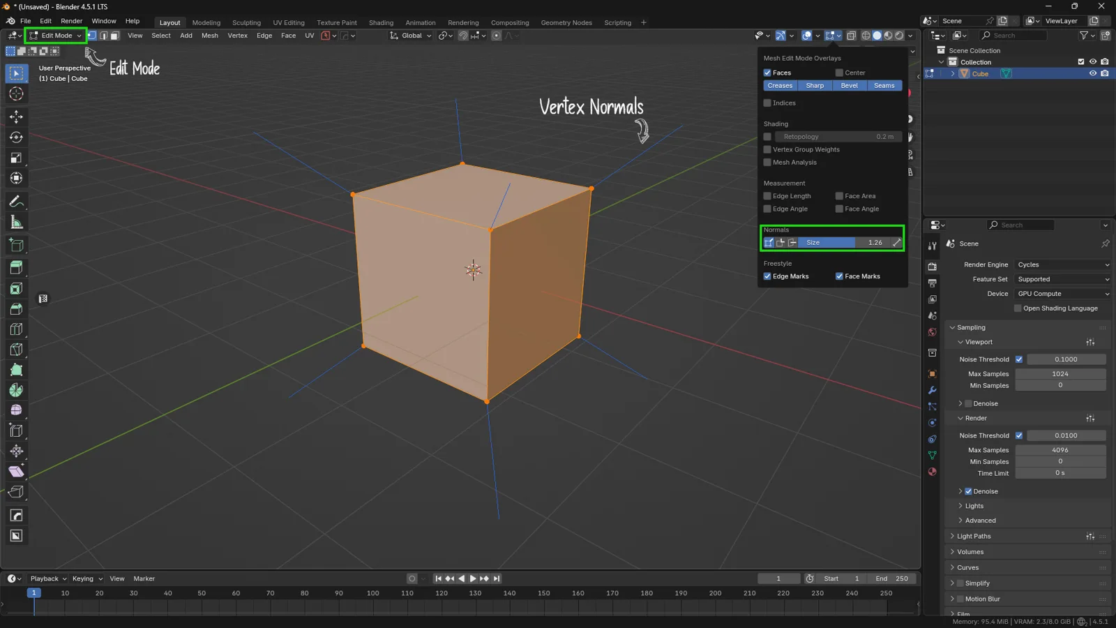 Blender-3D-Vertex-Normals-Visualization Blender cube in Edit Mode showing vertex normals direction used for smooth shading and lighting calculations