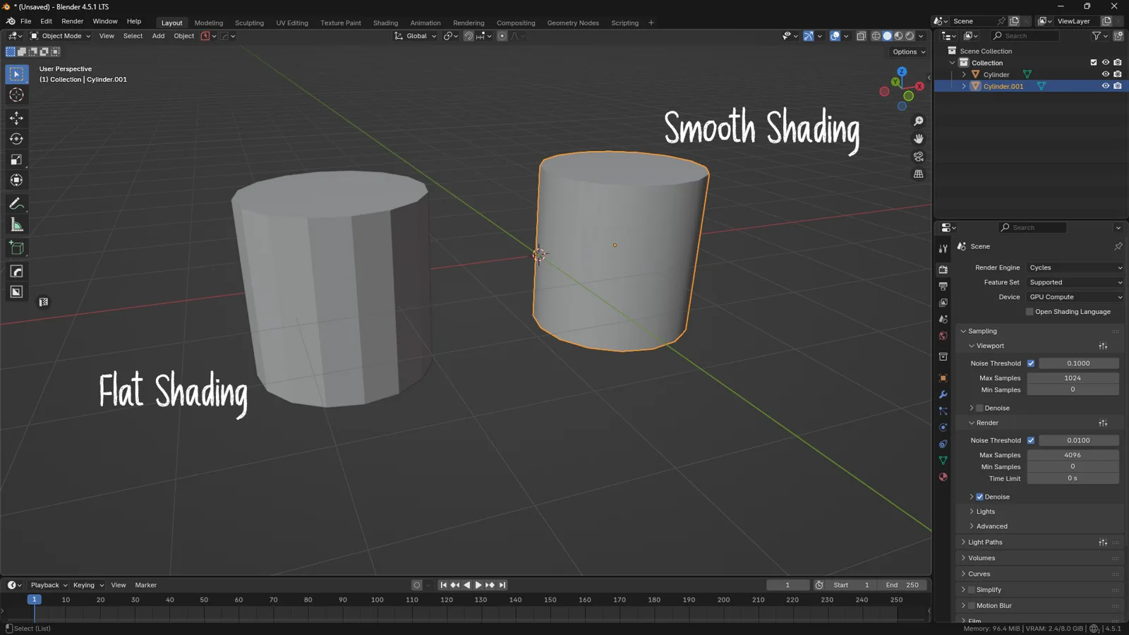 Flat-vs-Smooth-Shading-in-Blender Blender cylinder comparison showing flat shading versus smooth shading and how normals affect surface lighting