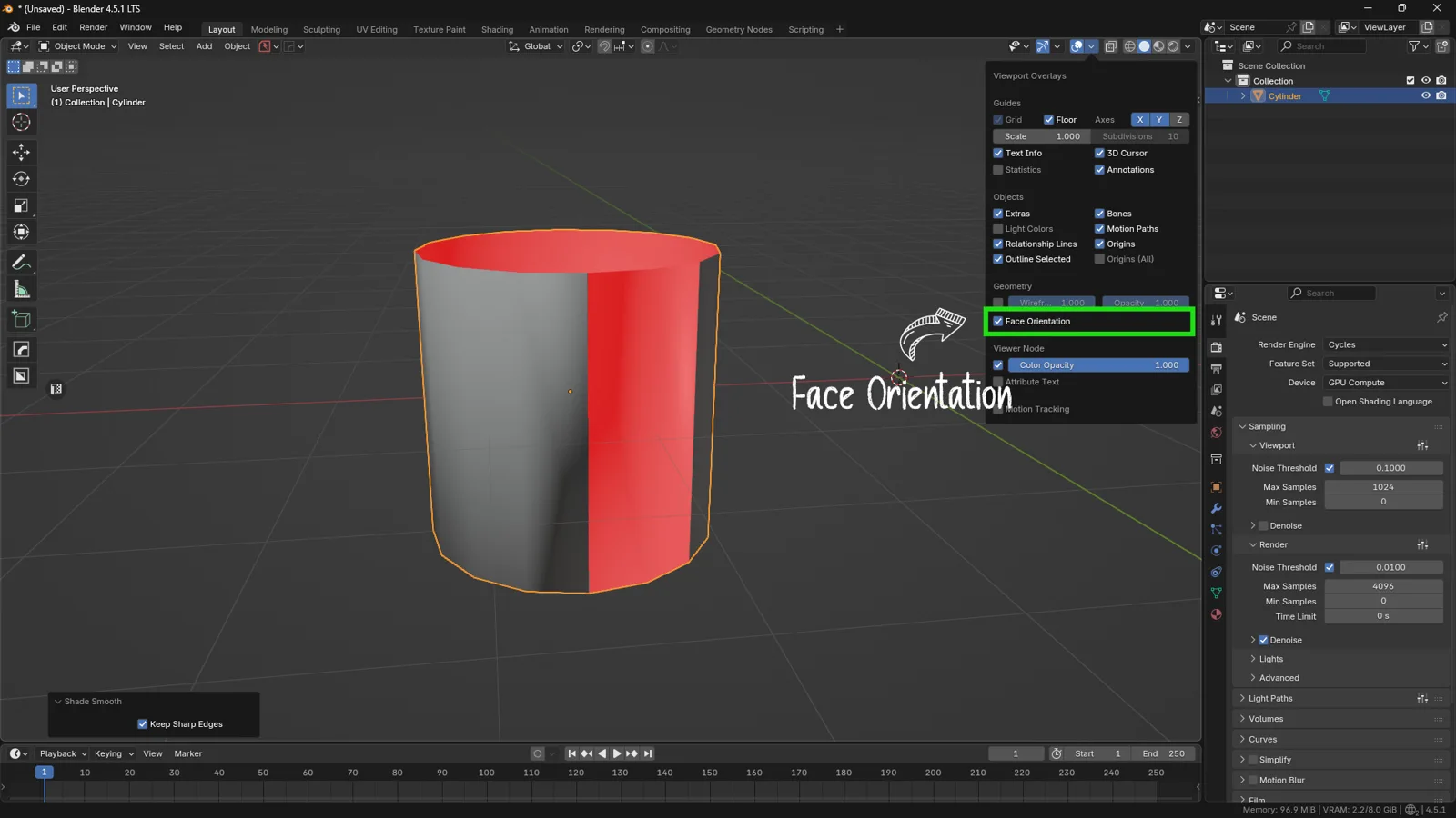 Face-Orientation-Tool-for-Checking-Normals Blender face orientation overlay showing correct and incorrect normals direction on a cylinder
