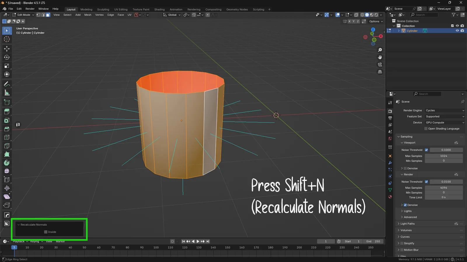 Recalculate-Normals-in-Blender-(Shift-+-N) Blender cylinder with recalculated normals using Shift N to fix flipped normals and shading issues