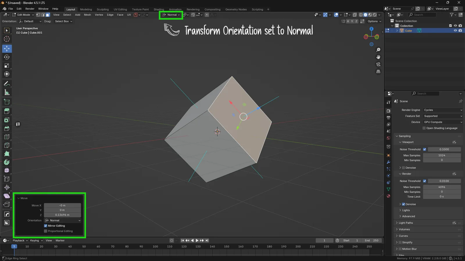 Move-Geometry-Along-Normals-in-Blender Blender transform orientation set to Normal to move a face along its normal direction