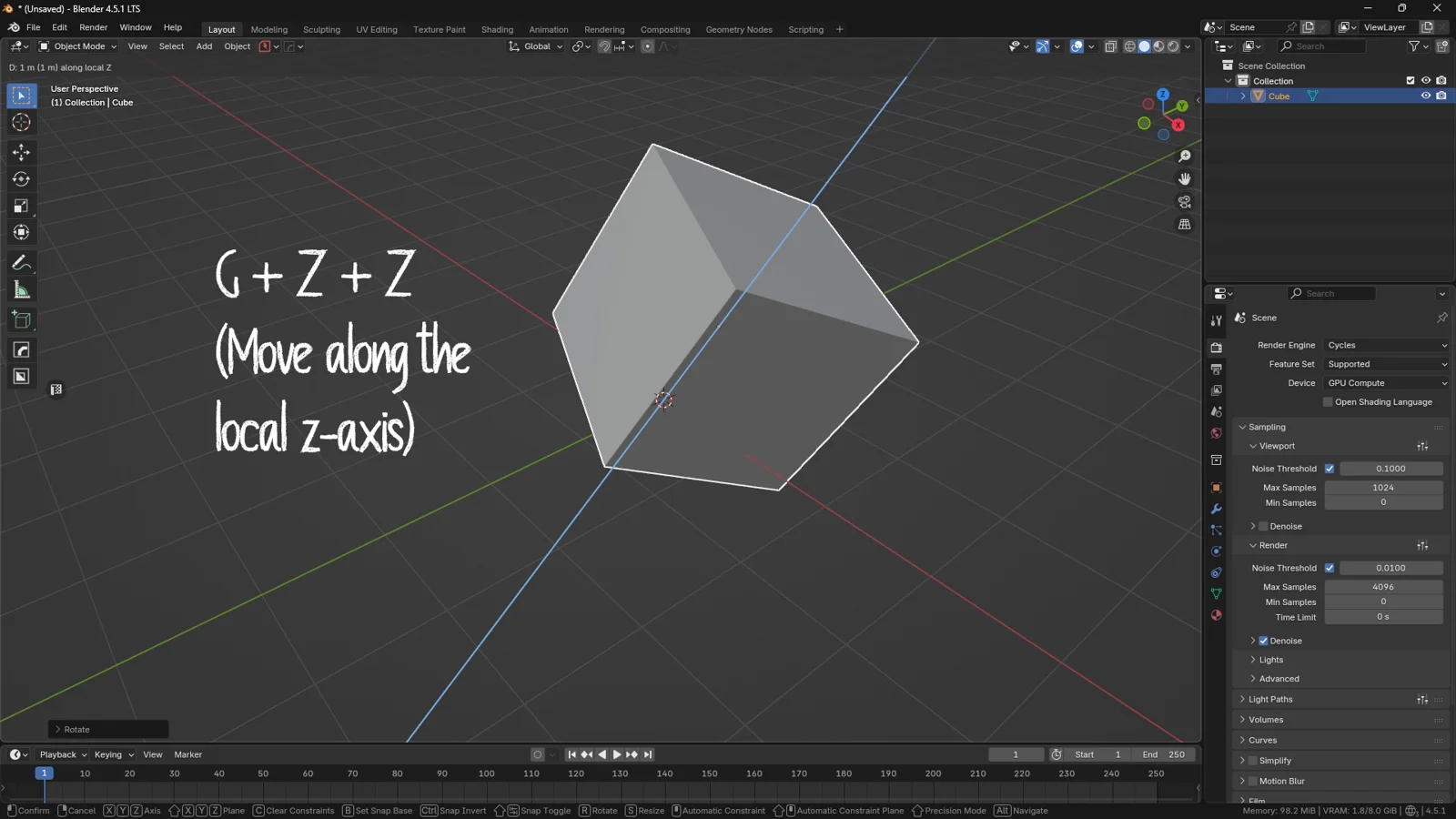 Blender 3D viewport showing a cube transformation along the local Z-axis using the G + Z + Z keyboard shortcut.