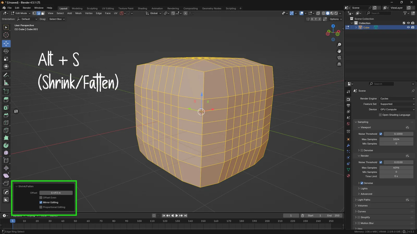 Blender 3D viewport demonstrating the Shrink/Fatten tool (Alt + S) inflating a subdivided cube along its normals to increase volume uniformly.