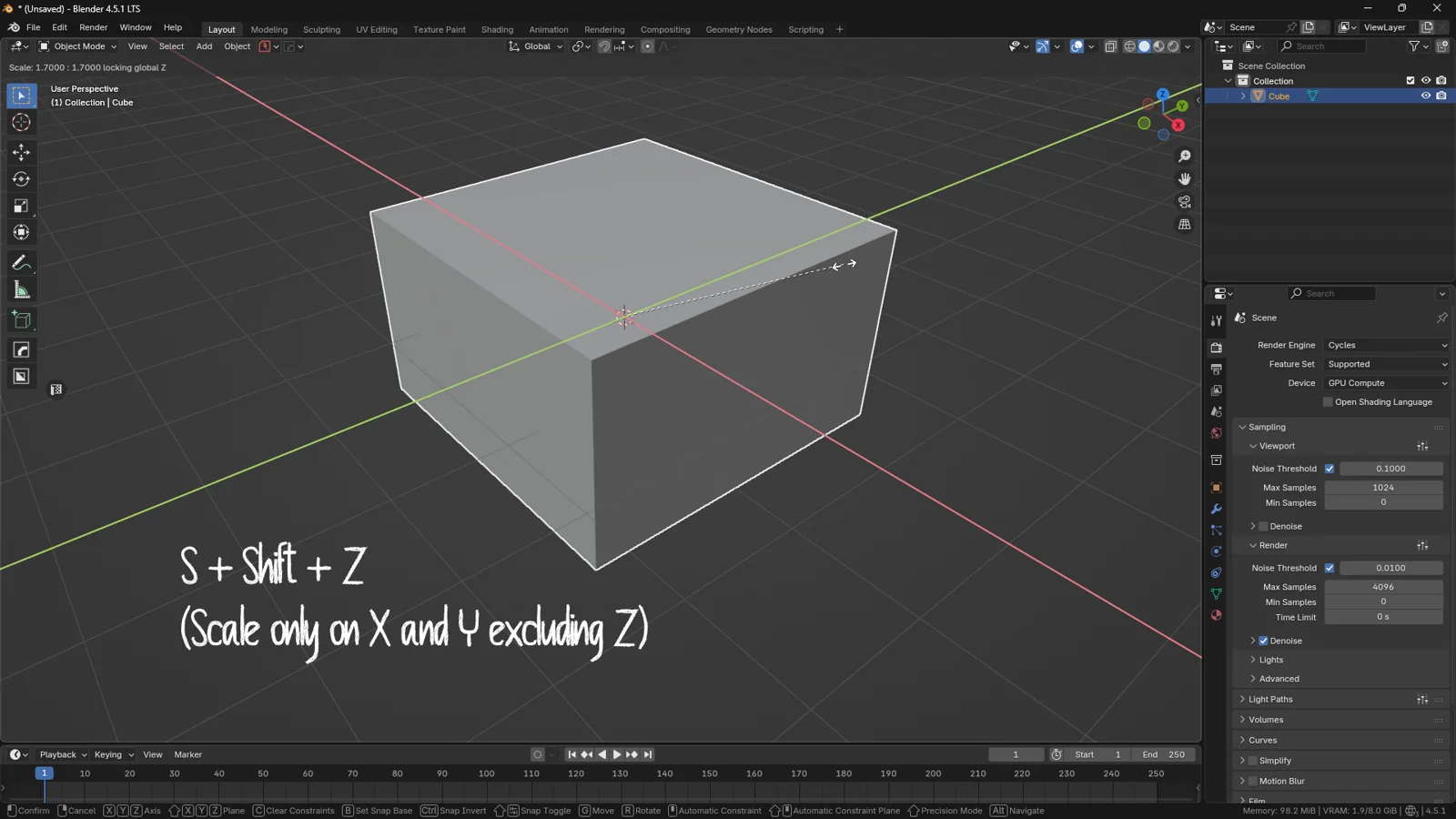 Blender 3D viewport demonstrating the scale shortcut S + Shift + Z to scale a cube on the X and Y axes while excluding the Z axis.