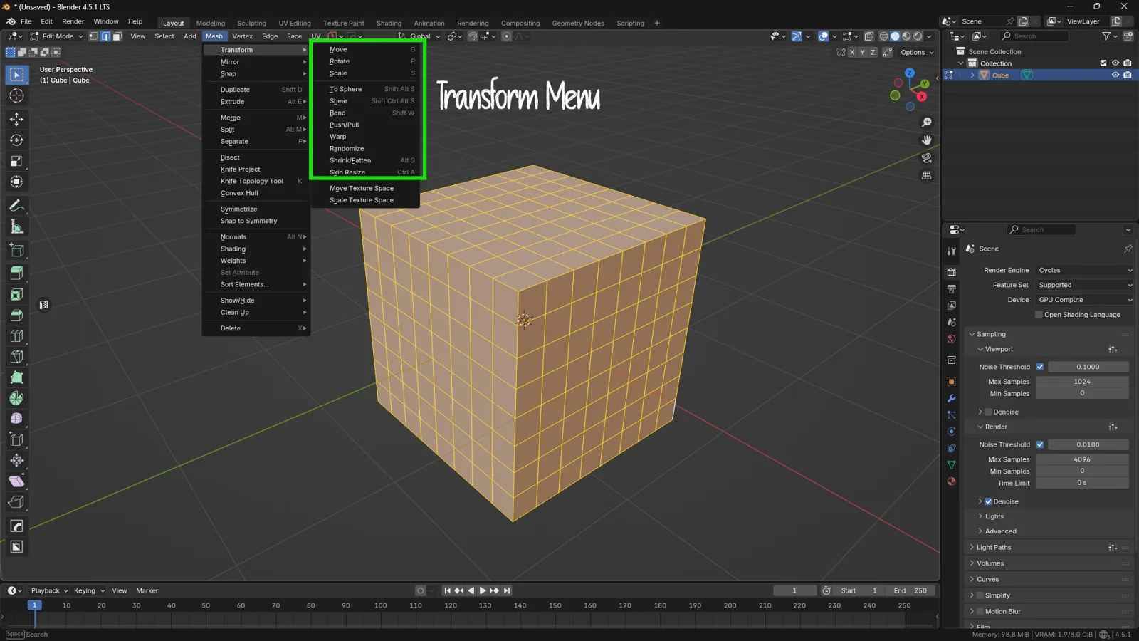 Blender Edit Mode interface showing the Mesh dropdown menu with the Transform submenu highlighted, listing advanced tools like To Sphere, Shear, and Shrink/Fatten.