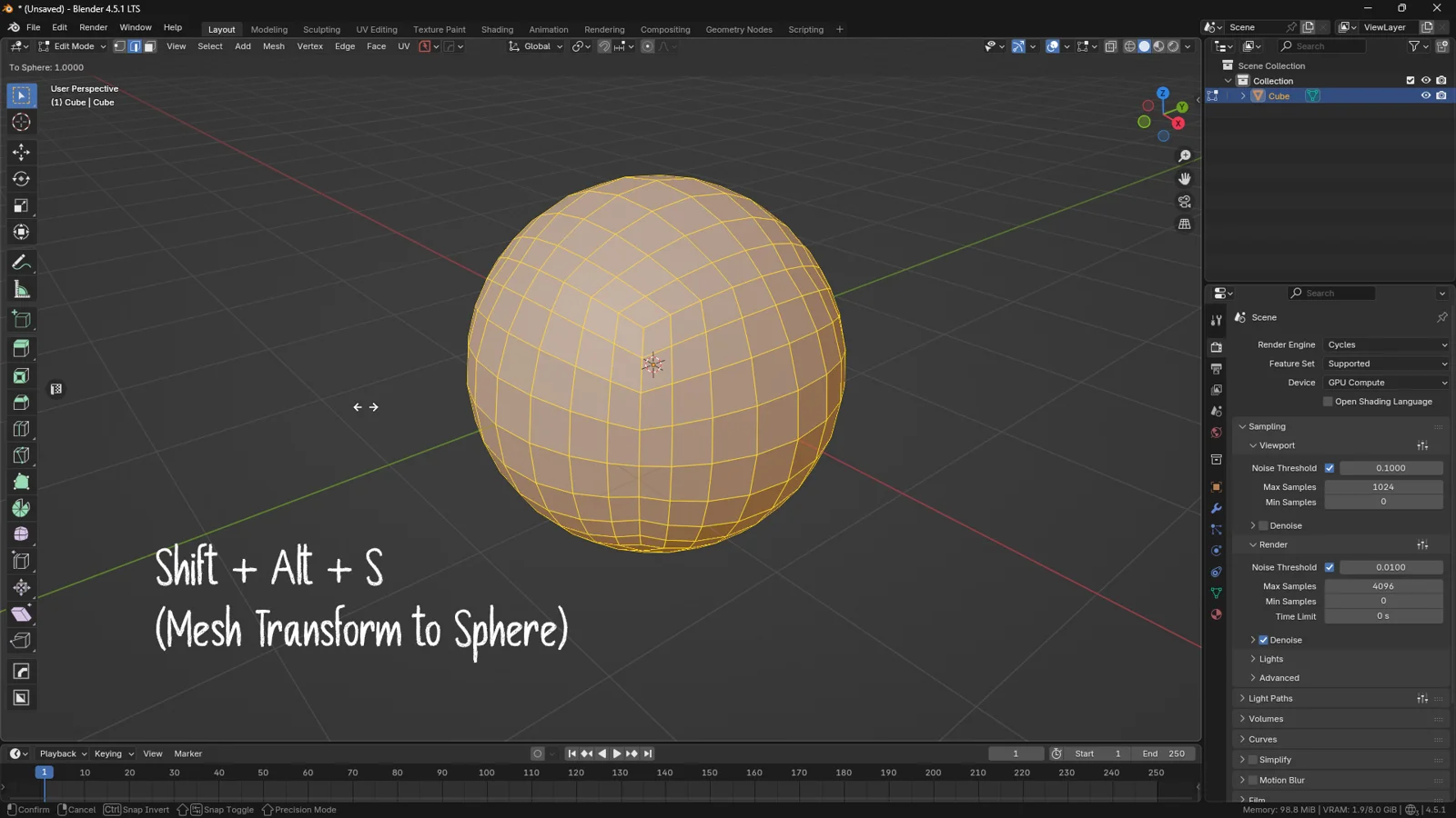 Blender 3D viewport demonstrating the result of the To Sphere transform tool, turning a subdivided cube into a perfect sphere using the Shift + Alt + S shortcut.