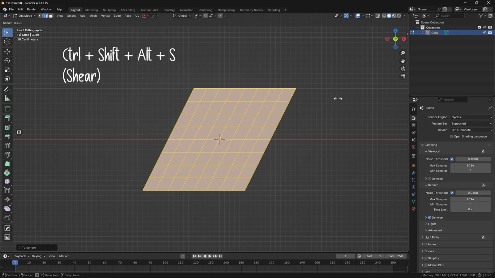 Blender 3D viewport showing a plane mesh being slanted using the Shear tool shortcut Ctrl + Shift + Alt + S, maintaining parallel horizontal edges.