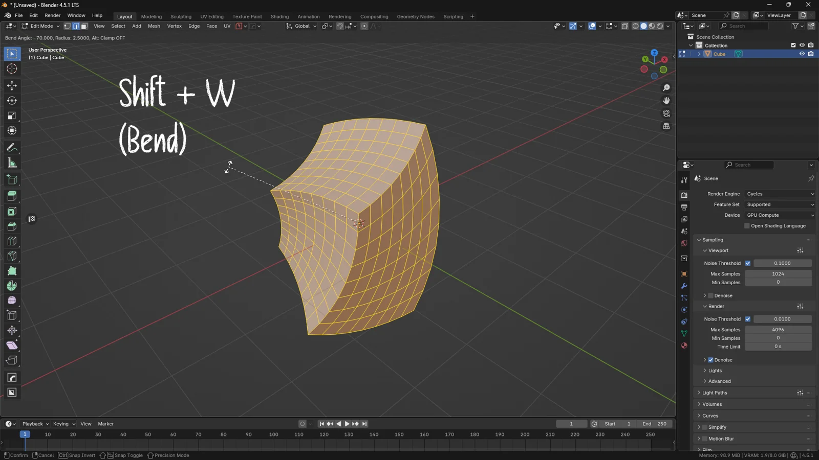 Blender 3D viewport demonstrating the Bend transform tool curving a subdivided mesh using the Shift + W shortcut.