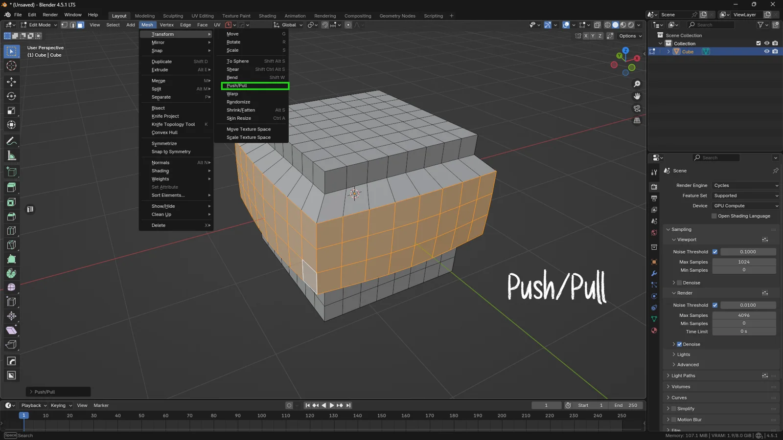 Blender 3D viewport showing the Push/Pull tool being used on a selected edge loop to increase or decrease the distance between vertices relative to the center.