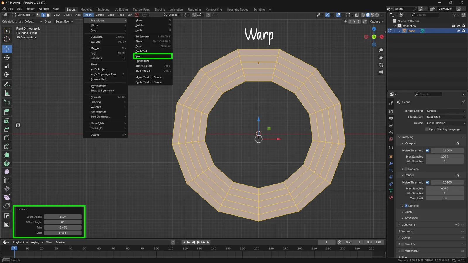 Blender 3D viewport showing the Mesh Transform Warp tool creating a circular mesh ring with the Warp Angle set to 360 degrees in the operator panel.