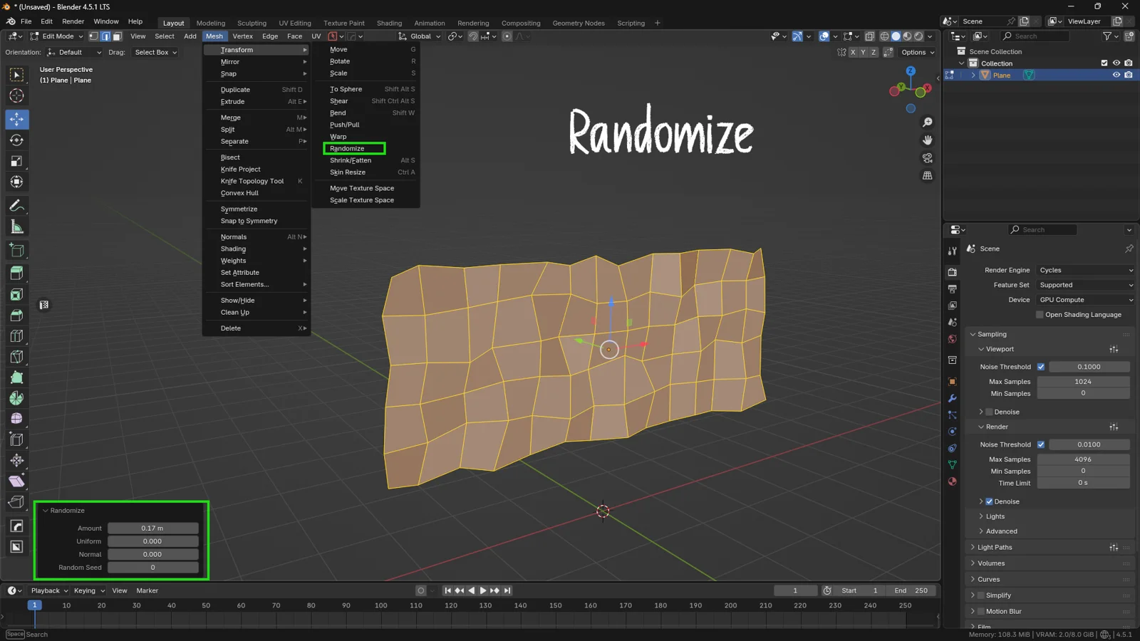 Blender 3D viewport showing the Randomize transform tool displacing vertices on a plane mesh to create a noisy, organic surface.