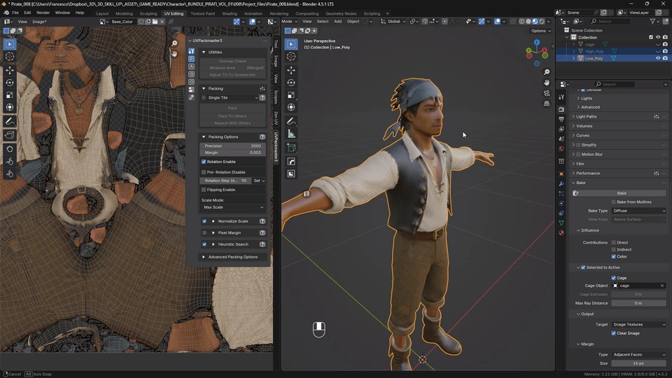 Baked pirate Base Color texture in Blender’s Image Editor beside the textured low-poly character