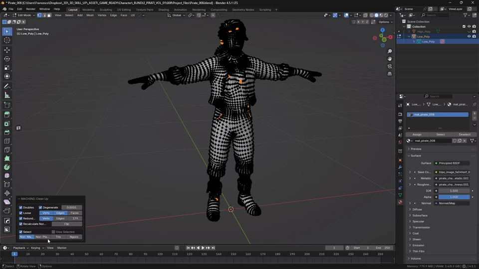 Low-poly pirate mesh in Blender Edit Mode with visible topology for manual cleanup and refinement