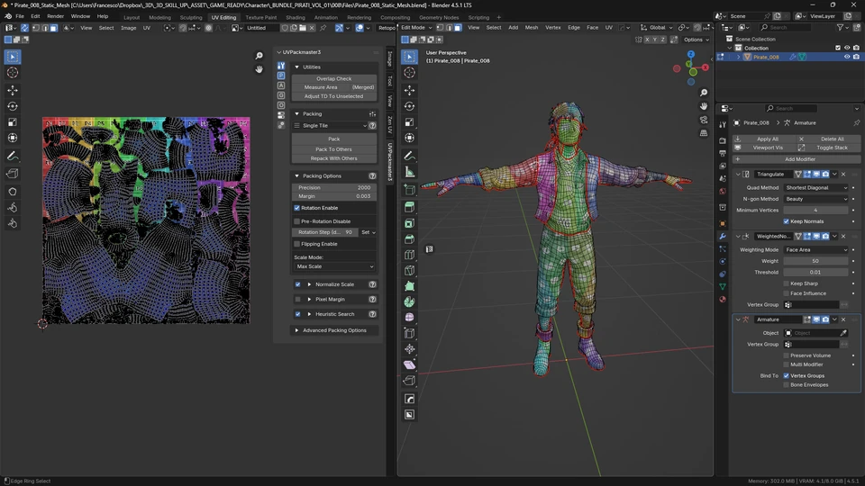 Pirate character UV layout in Blender beside the mesh displaying a colored checker texture