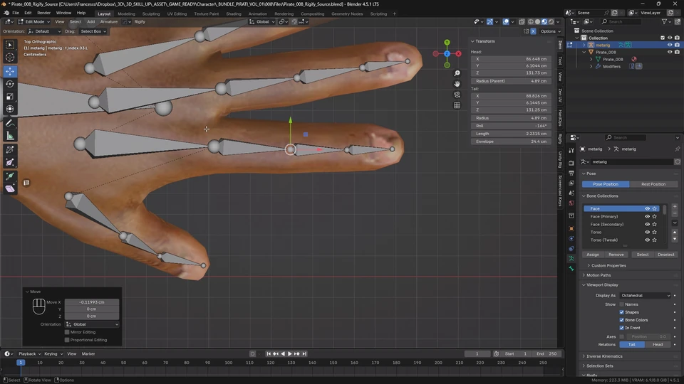 Finger bones aligned to the pirate character’s hand in Blender during Rigify rig preparation
