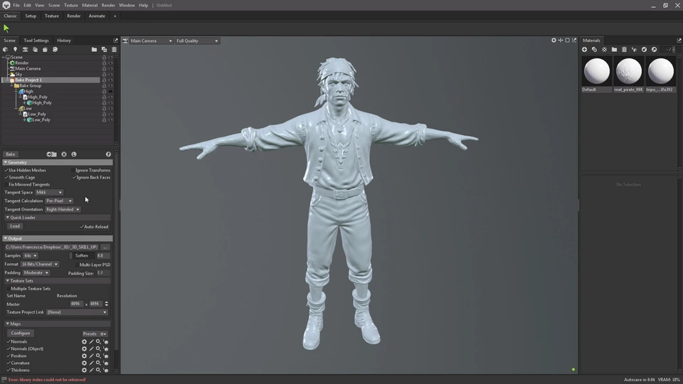 Pirate character in Marmoset Toolbag with the texture-baking workspace and surface preview visible