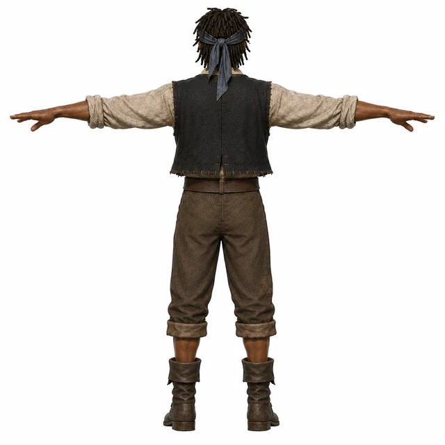 Back-view pirate character reference showing the vest, headband and clothing silhouette for Tripo AI