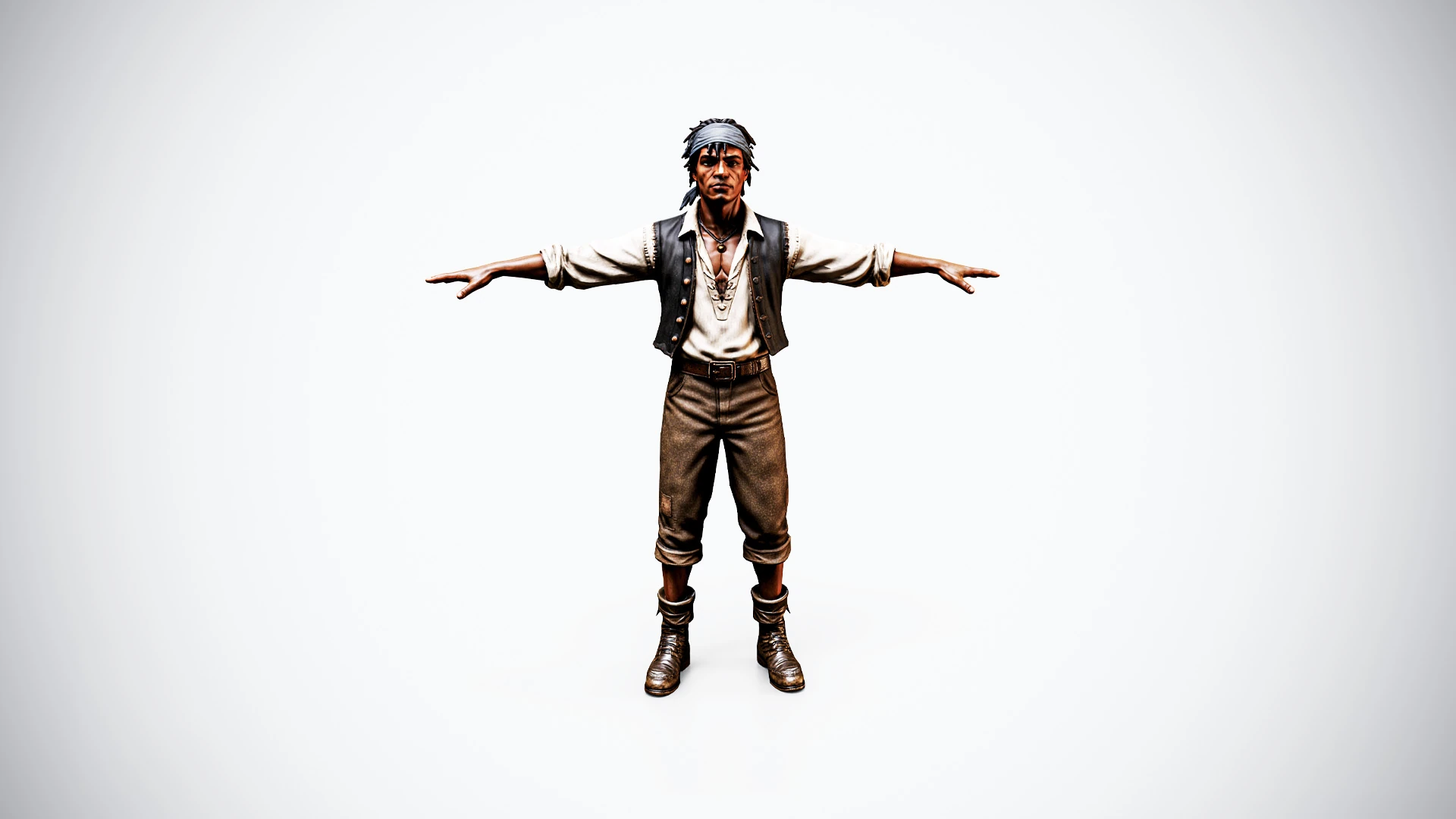 Textured pirate crewman in T-pose with headband, white shirt, dark vest and leather boots