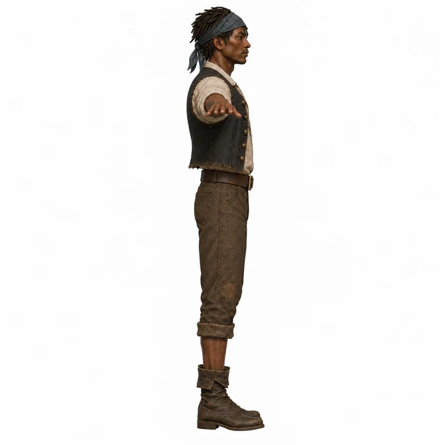 Right-side pirate character reference showing the head profile, vest and boots for Tripo AI