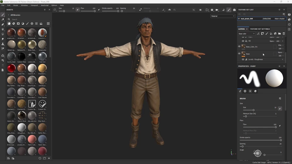 Textured pirate character in Substance 3D Painter with material assets and texture controls visible