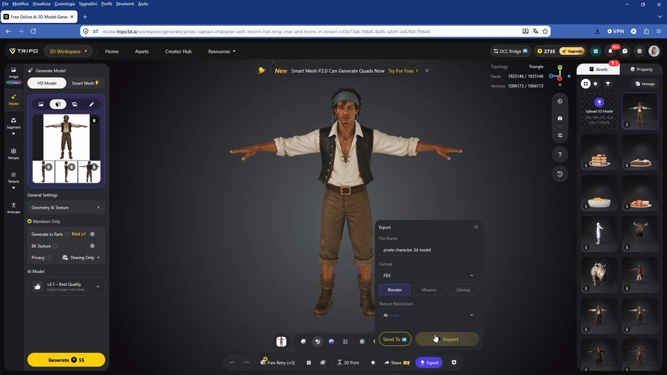High-poly pirate character in Tripo AI with the multiview reference images visible in the generation panel