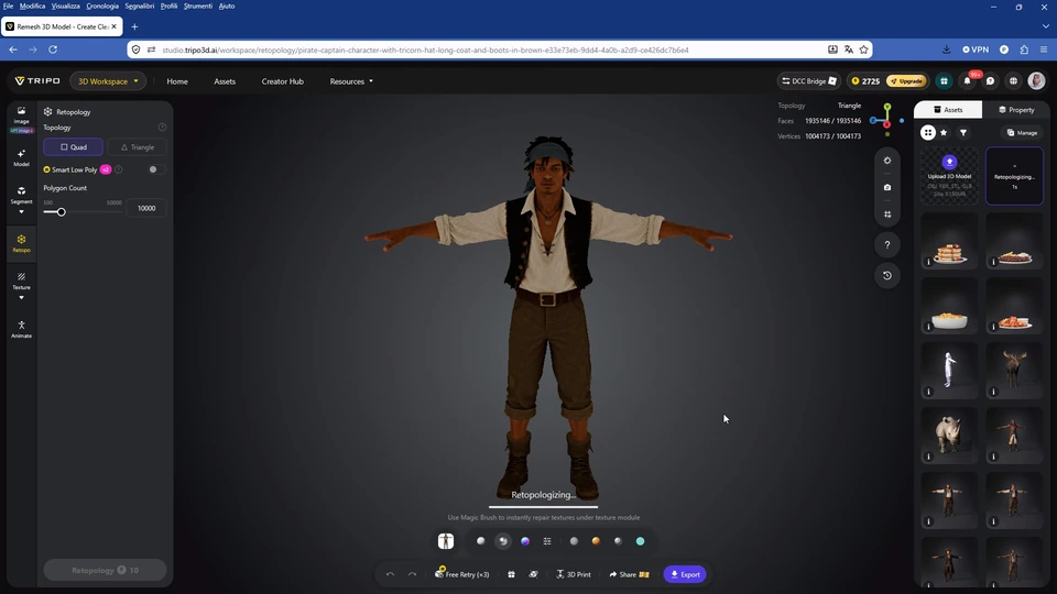 Pirate character in the Tripo AI retopology workspace before exporting the low-poly FBX