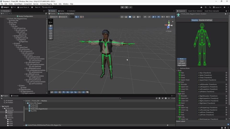 Pirate character skeleton in Unity with green Humanoid Avatar bone mapping in the configuration panel