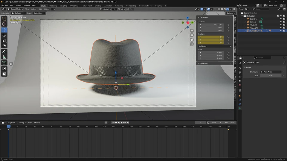 Blender Timeline showing the first and final rotation keyframes for a hat asset turntable