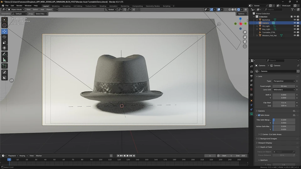Blender camera view with space around the wide hat brim and its shadow for a portfolio turntable
