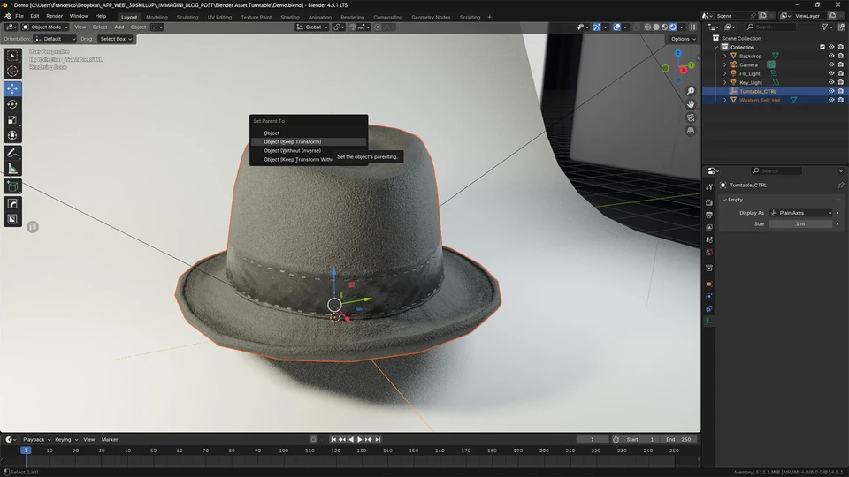 Object (Keep Transform) parenting menu above a selected felt hat in the Blender turntable scene