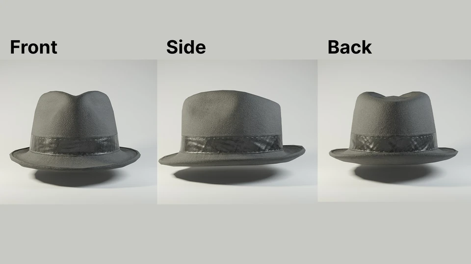 Front, side and back rendered views of a felt hat for comparing a 3D asset turntable presentation