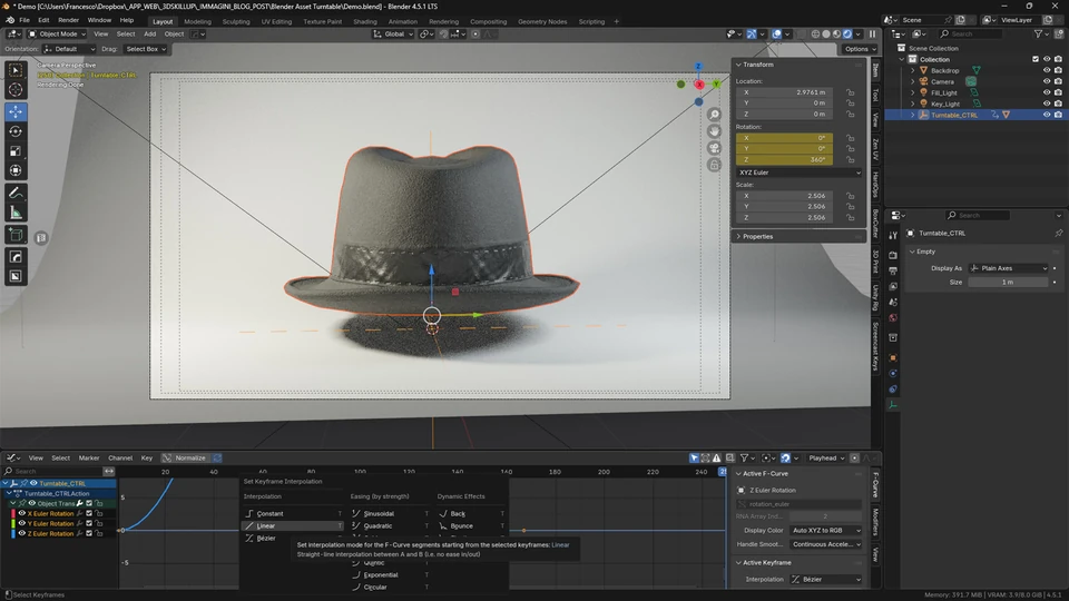 Blender Graph Editor with the Z Euler Rotation channel and the Linear interpolation tooltip open
