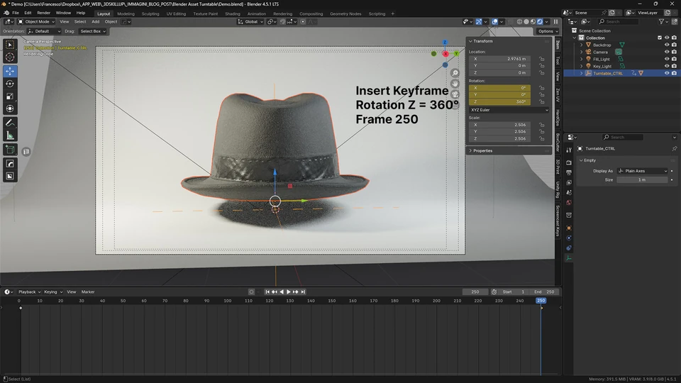 Blender Turntable_CTRL Z rotation at 360 degrees with an annotated endpoint keyframe at frame 250