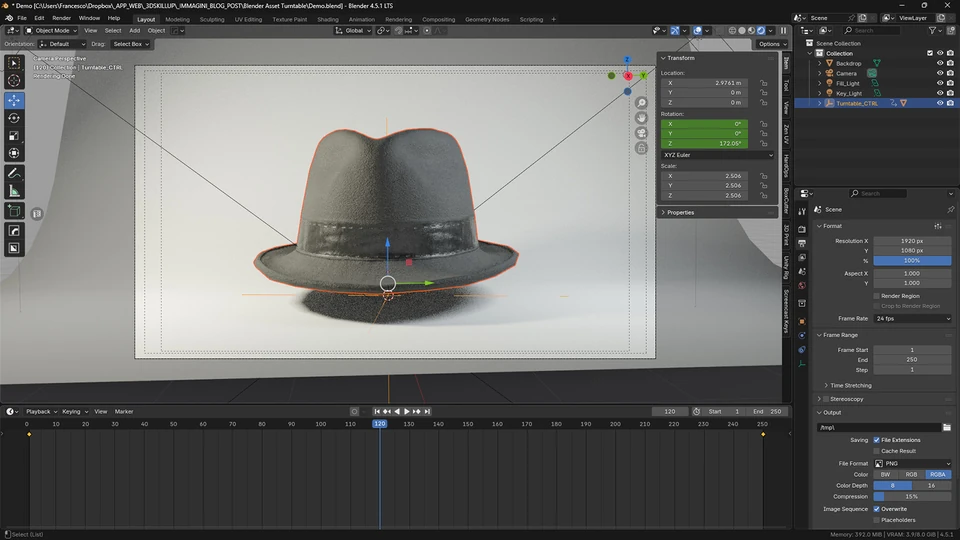 Blender Output Properties showing 1920 by 1080 resolution, 24 fps and PNG image sequence settings
