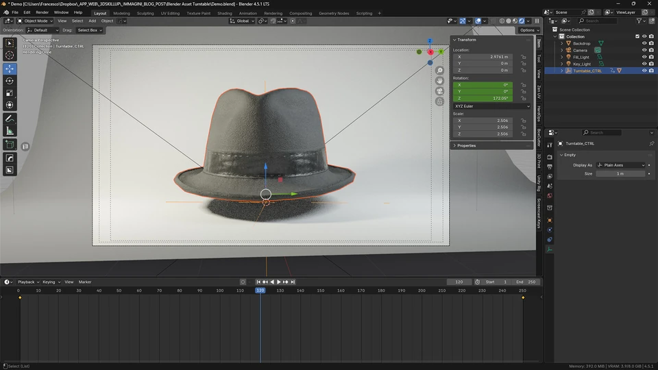 Felt hat at frame 120 in Blender with the turntable rotated to an intermediate rear-facing view