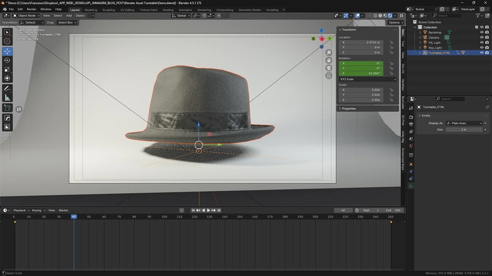 Felt hat in the Blender camera view at intermediate frame 40 of the turntable animation