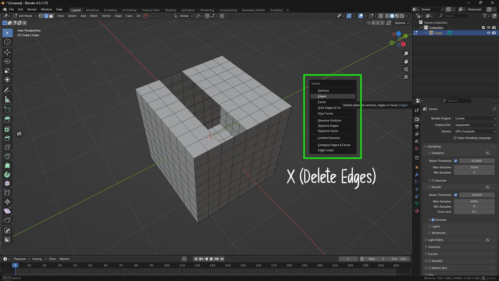Blender Edit Mode interface screenshot showing the Delete menu (X key) with the 'Edges' option highlighted and the resulting gap in the subdivided cube mesh.