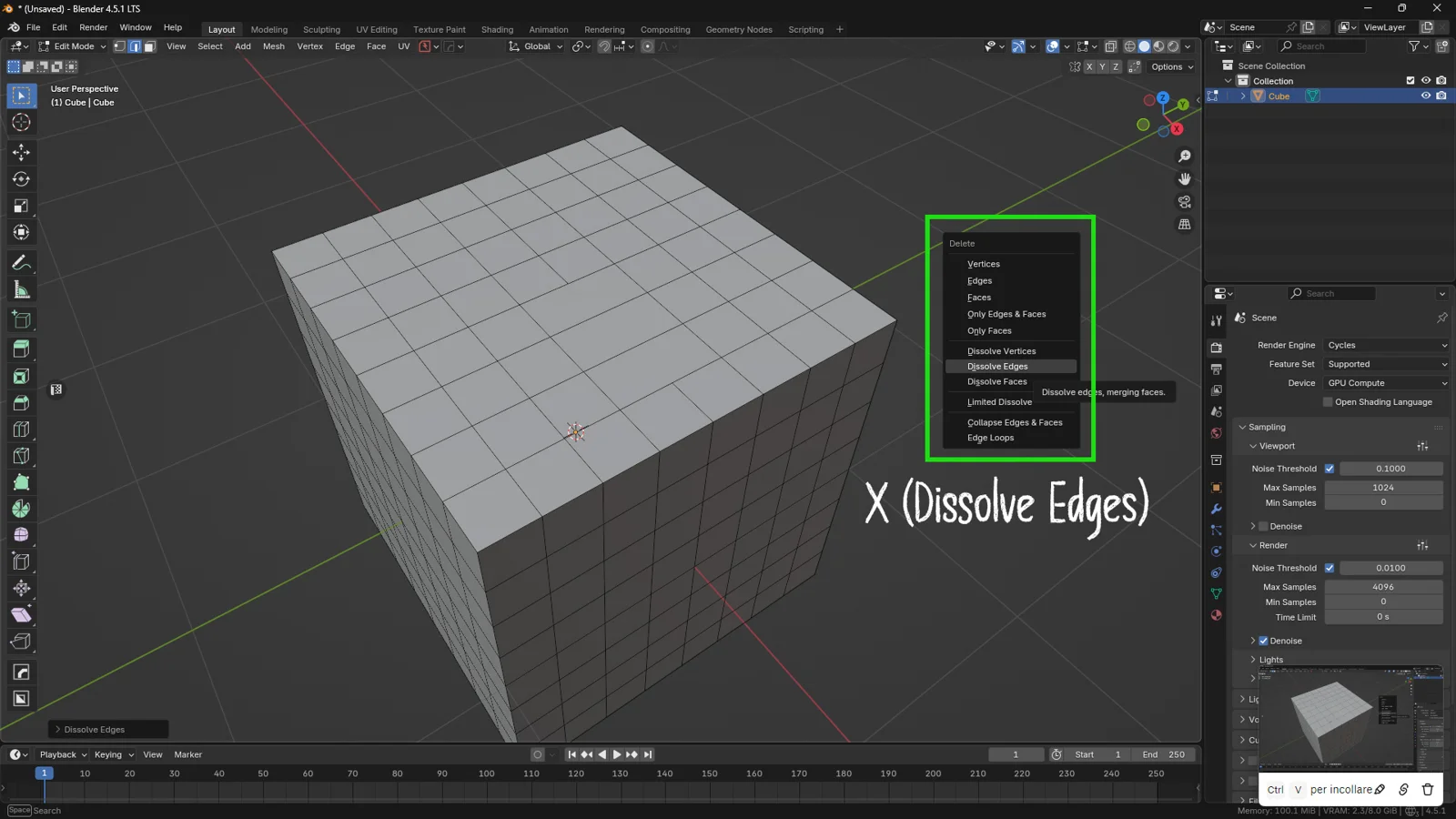 Blender Edit Mode interface screenshot showing the Delete menu (X key) with the 'Dissolve Edges' option highlighted, demonstrating how to remove edges without creating holes in the mesh.