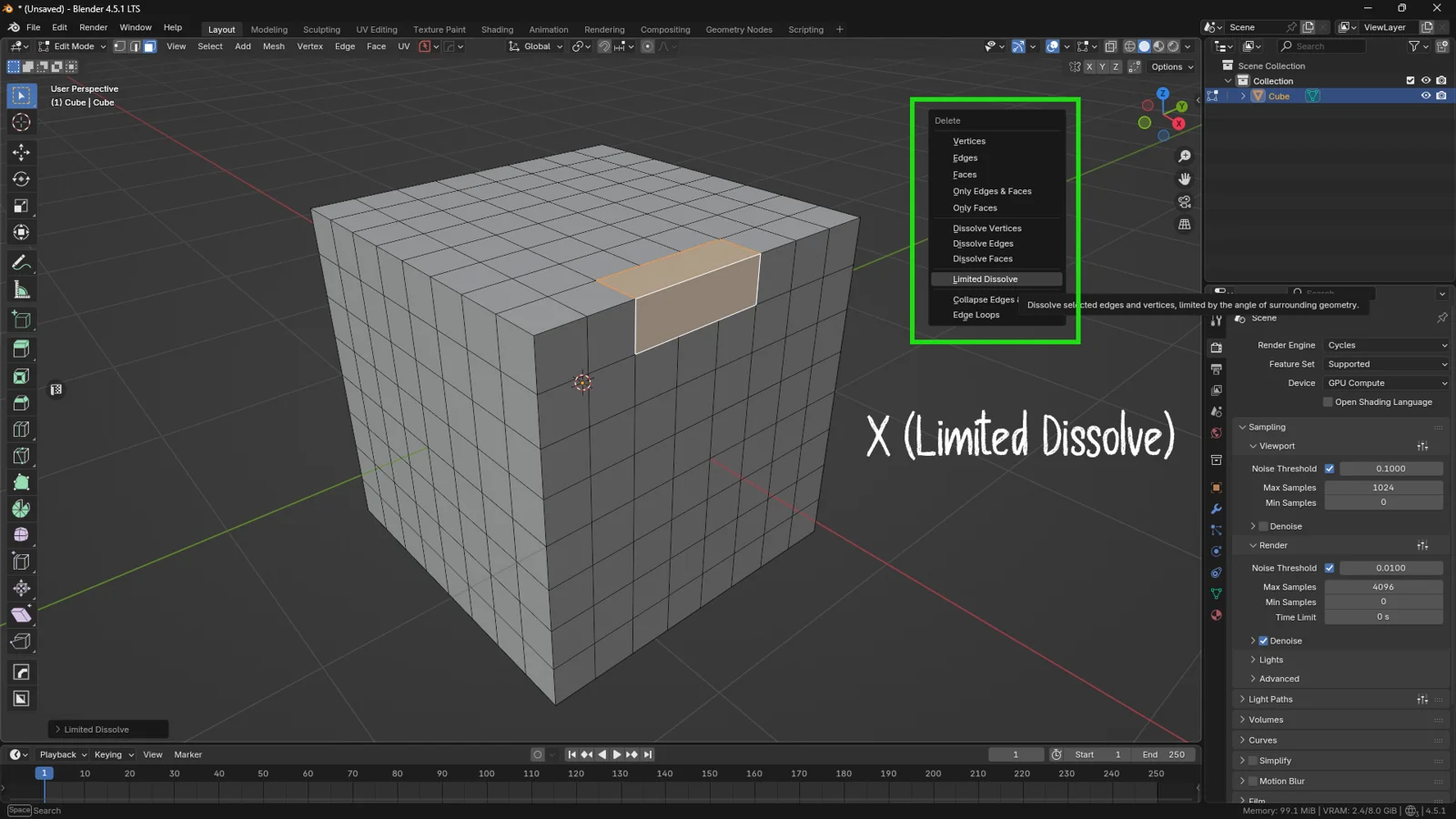 Blender Edit Mode interface screenshot showing the Delete menu (X key) with 'Limited Dissolve' highlighted, demonstrating how to simplify geometry while preserving sharp 90-degree angles on a cube.