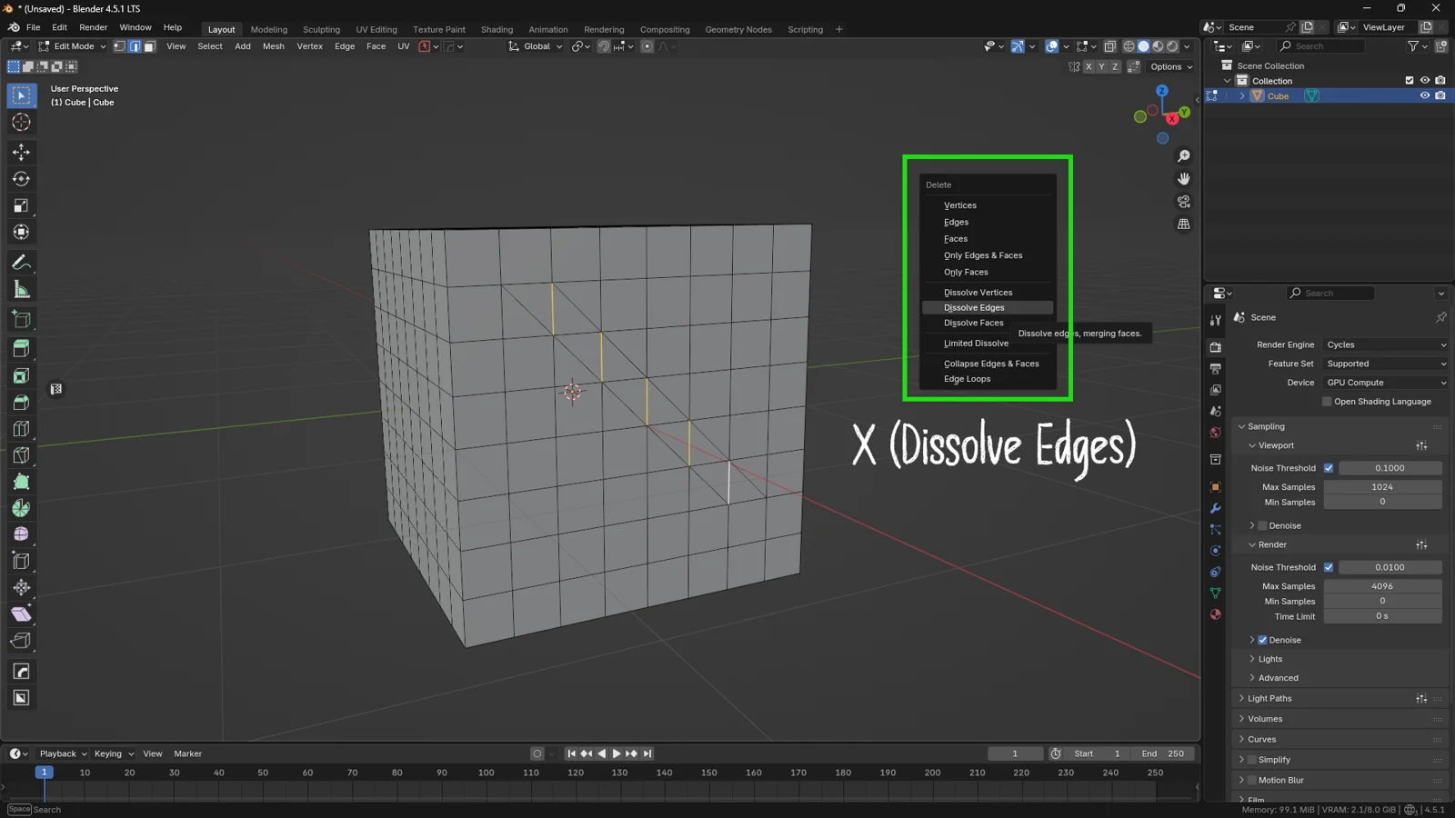 Blender Edit Mode interface screenshot showing the Delete menu (X key) with 'Limited Dissolve' highlighted, demonstrating how to simplify geometry while preserving sharp 90-degree angles on a cube.