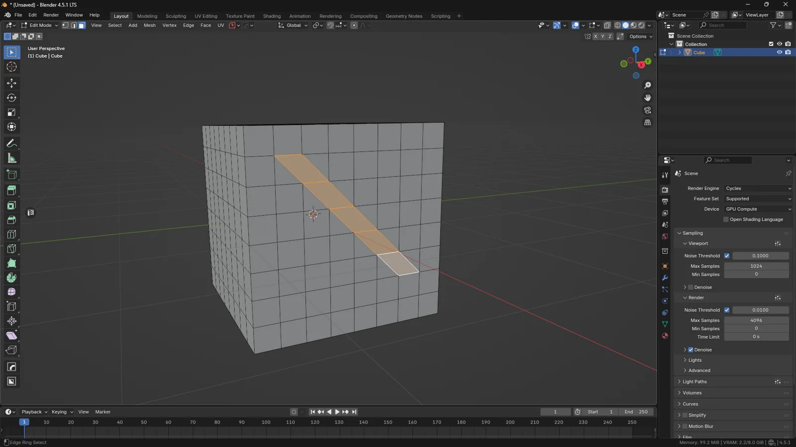 Blender Edit Mode screenshot displaying the final clean topology: a diagonal strip of quad faces created by dissolving the unwanted staircase edges.