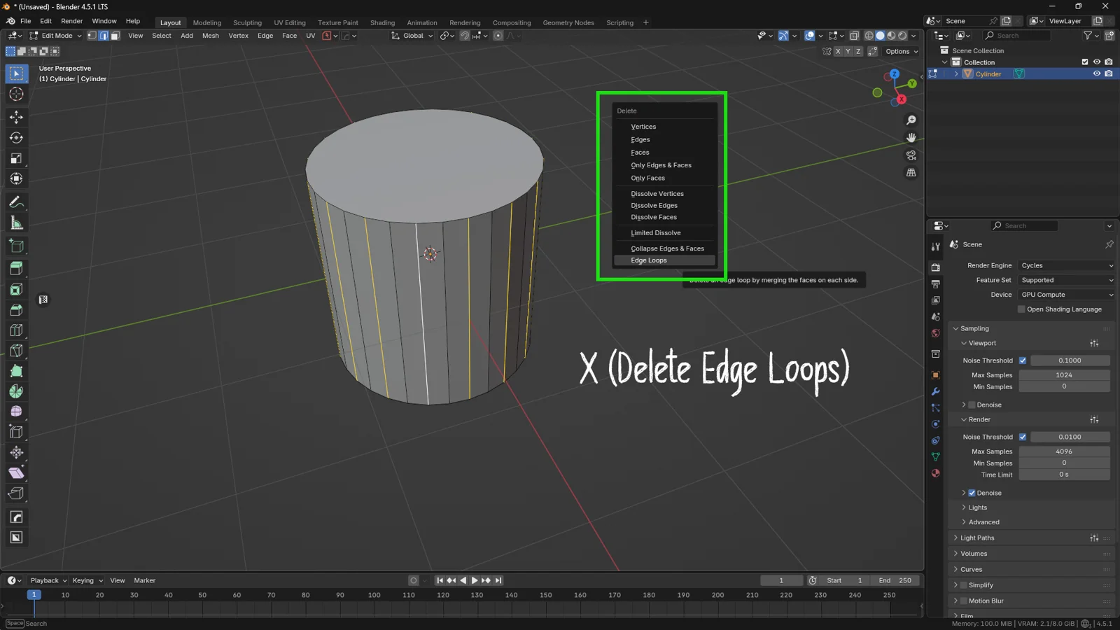 Blender Edit Mode interface screenshot showing a cylinder with vertical loops selected and the Delete menu (X key) with the 'Edge Loops' option highlighted.