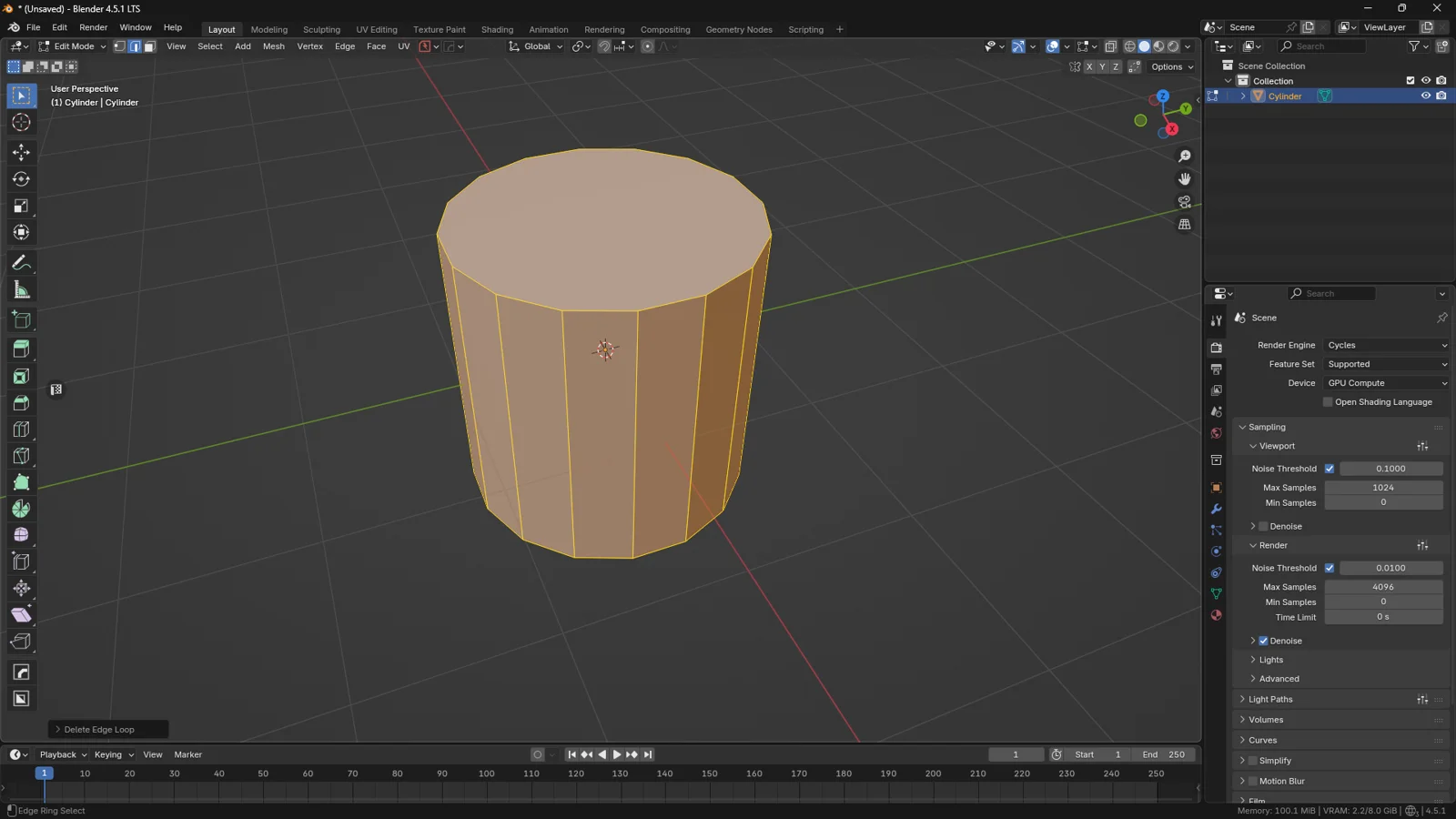 Blender Edit Mode screenshot displaying the final result of the 'Delete Edge Loops' command: an optimized cylinder mesh with reduced vertical edge density but preserved shape.