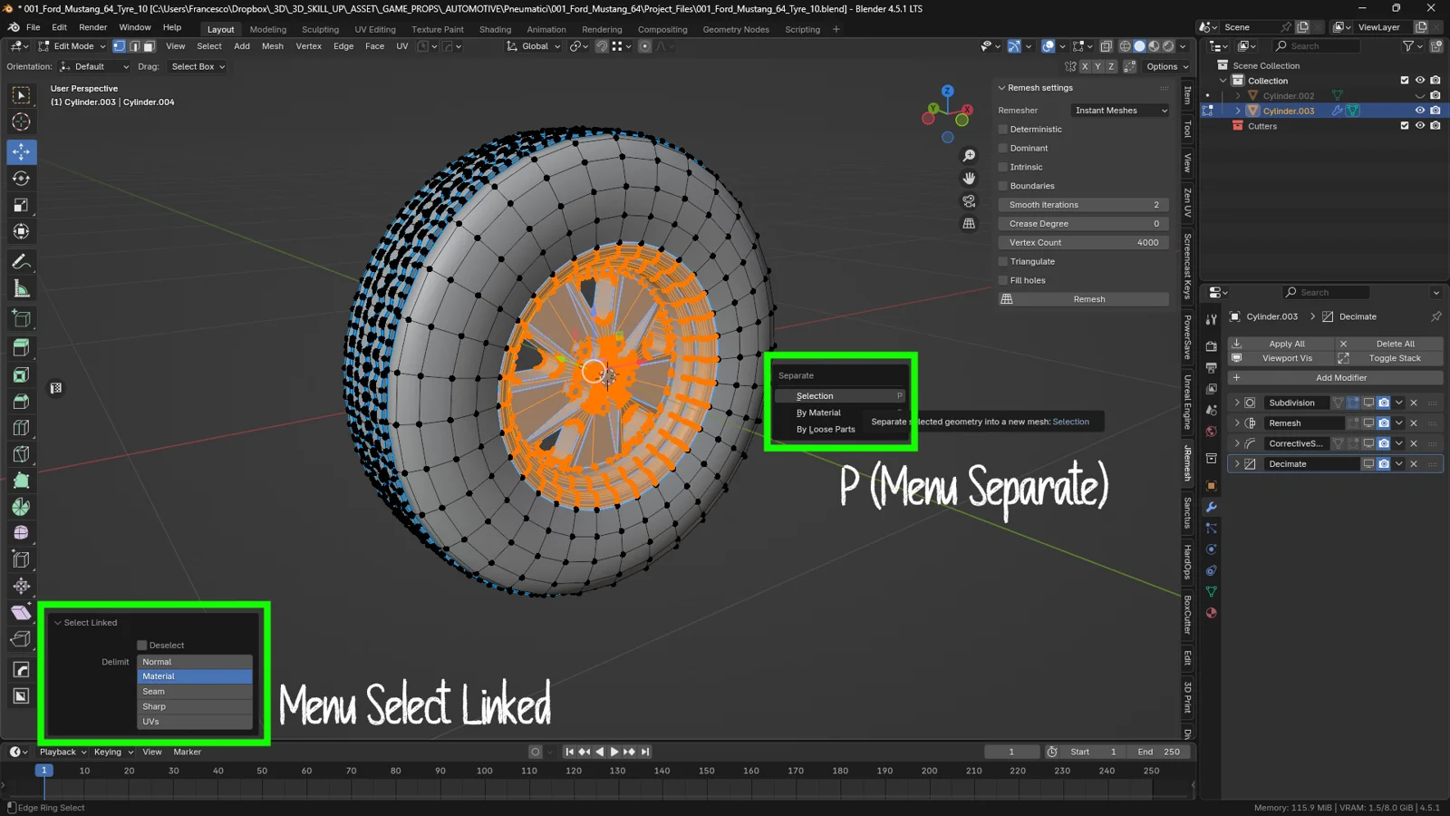 Blender Edit Mode screenshot showing a car tire model. The rim geometry is selected using Select Linked, and the Separate menu is open with the Selection option highlighted.